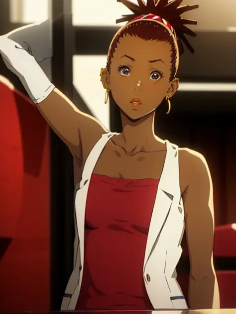 <lora:CaroleV1:1> ((carole_stanley)), 1girl, brown hair, dark skin, dark-skinned female, earrings, ponytail, short hair, solo
