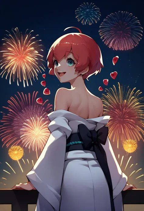 score_9, score_8_up, score_7_up, source_anime, from behind, solo, 1girl, p5sophia, happy, looking back, ahoge, detached hair, heart, white kimono, off shoulder, black sash, bare shoulders, fireworks <lora:persona5_sophia_ponyXL:1>