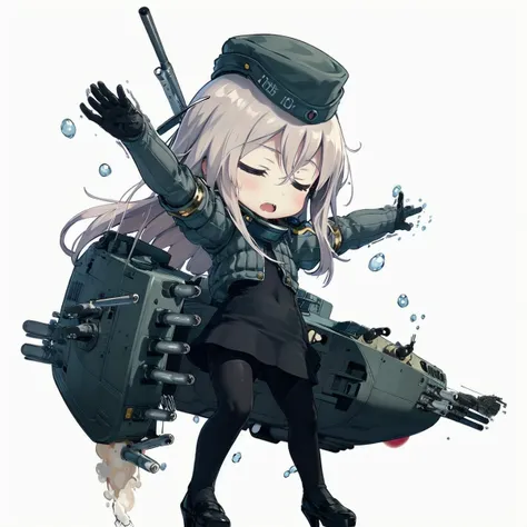 underwater, bomb, torpedo, full body, long shot,
closed eyes, stretch arm, explosion,
chibi, u-511 \(pump\), military uniform, garrison cap, cropped jacket, puffy sleeves, long sleeves, gloves, black_dress, black pantyhose, high heels, machinery, rigging,
<lora:kancolle-u500(pump)-000050:0.7>