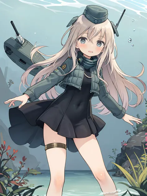 masterpiece, best quality, 1girl, solo, <lora:kancolle-u500(pump):0.8>, u-511\(pump\), military uniform, garrison cap, cropped jacket, black_dress, <lora:shi2:0.5>, underwater, standing, sliding,