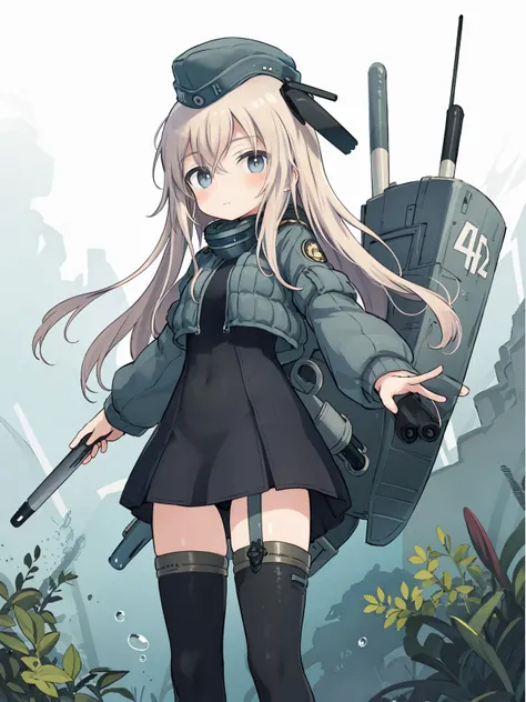 masterpiece, best quality, 1girl, solo, <lora:kancolle-u500(pump):0.8>, u-511\(pump\), military uniform, garrison cap, cropped jacket, black_dress, <lora:shi2:0.5>, underwater, standing, sliding,