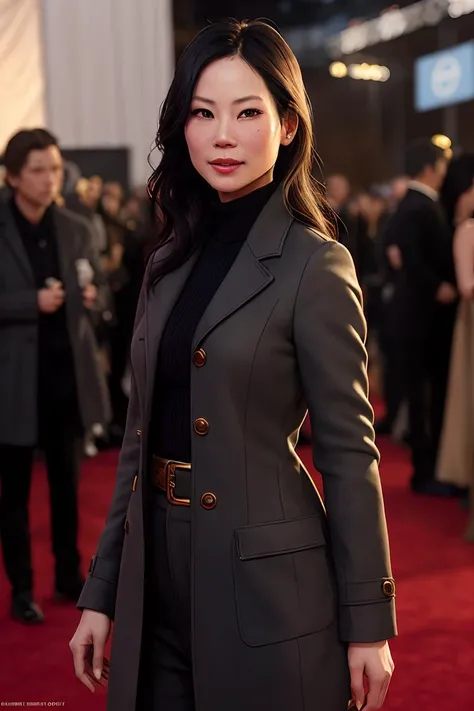 photo of (1ucy1iu:0.99), a woman as a movie star, modelshoot style, (extremely detailed CG unity 8k wallpaper), photo of the most beautiful artwork in the world, professional majestic oil painting by Ed Blinkey, Atey Ghailan, Studio Ghibli, by Jeremy Mann, Greg Manchess, Antonio Moro, trending on ArtStation, trending on CGSociety, Intricate, High Detail, Sharp focus, dramatic, photorealistic painting art by midjourney and greg rutkowski, (long brown coat), (turtleneck), ((comicon event)), (trousers), ((standing on the red carpet)), ((paparazzi in the background)), (looking at viewer), (detailed pupils:1.3), (modern outfit:1.2), (closeup), red lips, (eye shadow)