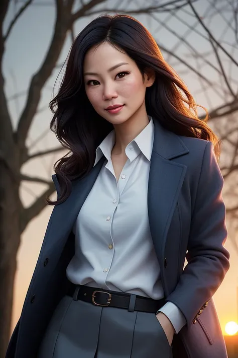 beautiful woman (1ucy1iu:0.99) as a sexy secretary, (closeup portrait:1.2), face focus, realistic, (detailed:1.15),(film grain, skin details, 4k:1), smile, Dappled Light, analog style (look at the viewer), (skin texture), (film grain), (hyper-realistic texture skin:1.3), cinematic light, sidelighting, ultra high res, best shadow, RAW, beautiful hair, designer jacket, fashionable skirt, buttoned up shirt, secretary outfit, winter city park, professional model photoshoot, hdr, sunset