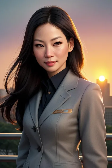 beautiful woman (1ucy1iu:0.99) as a sexy secretary, (closeup portrait:1.2), face focus, realistic, (detailed:1.15),(film grain, skin details, 4k:1), smile, Dappled Light, analog style (look at the viewer), (skin texture), (film grain), (hyper-realistic texture skin:1.3), cinematic light, sidelighting, ultra high res, best shadow, RAW, beautiful hair, designer jacket, fashionable skirt, buttoned up shirt, secretary outfit, winter city park, professional model photoshoot, hdr, sunset