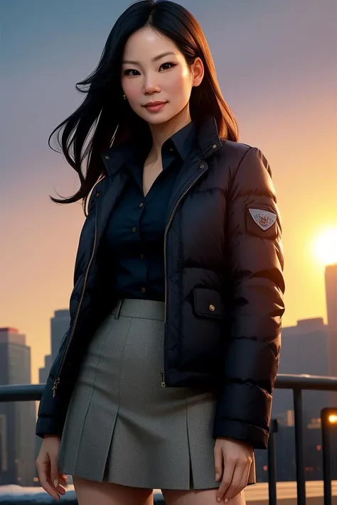 beautiful woman (1ucy1iu:0.99) as a sexy secretary, (closeup portrait:1.2), face focus, realistic, (detailed:1.15),(film grain, skin details, 4k:1), smile, Dappled Light, analog style (look at the viewer), (skin texture), (film grain), (hyper-realistic texture skin:1.3), cinematic light, sidelighting, ultra high res, best shadow, RAW, beautiful hair, designer jacket, fashionable skirt, buttoned up shirt, secretary outfit, winter city park, professional model photoshoot, hdr, sunset