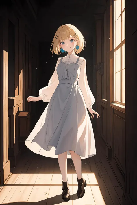 (best quality, masterpiece, highres),1girl,solo,smile,short hair,earrings,hairclip,light and shadow,dynamic_angle,full body,
<lora:clear light_v1:1>,