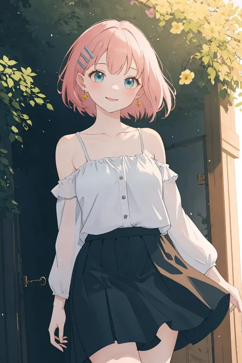 (best quality, masterpiece, highres),1girl,solo,smile,short hair,earrings,hairclip,single bare shoulder,skirt,light and shadow,dynamic_angle,tree,flower,outdoors,wind,
<lora:clear light_v1:1>,