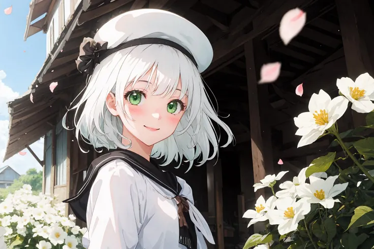 (best quality, masterpiece, highres),1girl,solo,green eyes,white hair,blush,smile,white hat,white flower,petals,
wind,light,perspective,day,upper body,dutch angle,blurry background,looking at viewer,motion blur,
<lora:clear light_v1:1>,