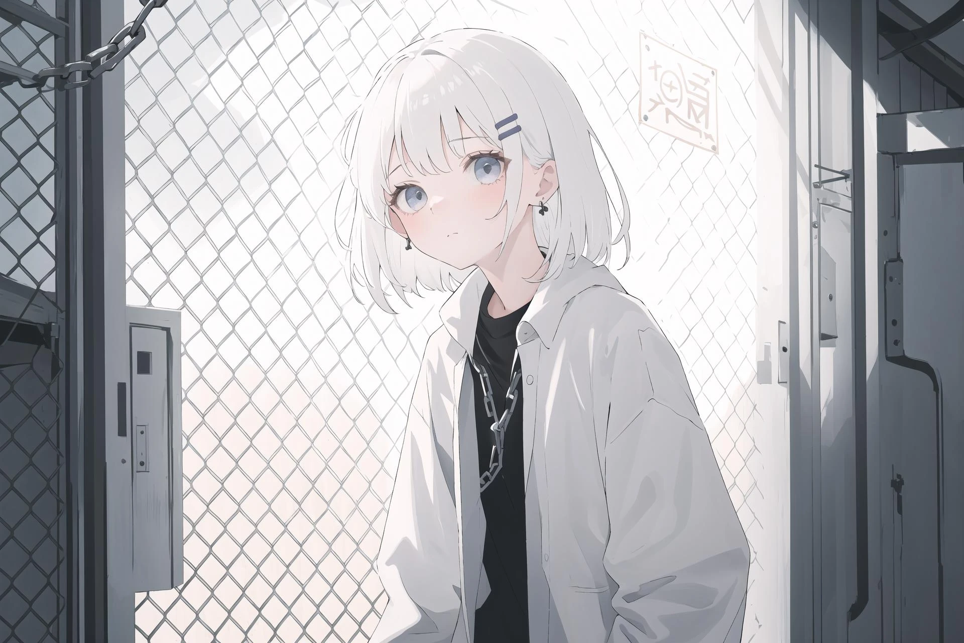 (best quality, masterpiece, highres),1girl,solo,white hair,closed mouth,hairclip,earrings,loose clothes,looking at viewer,leaning,leaning on the chain-link_fence,dynamic_angle,upper body,
<lora:clear light_v1:1>,.,