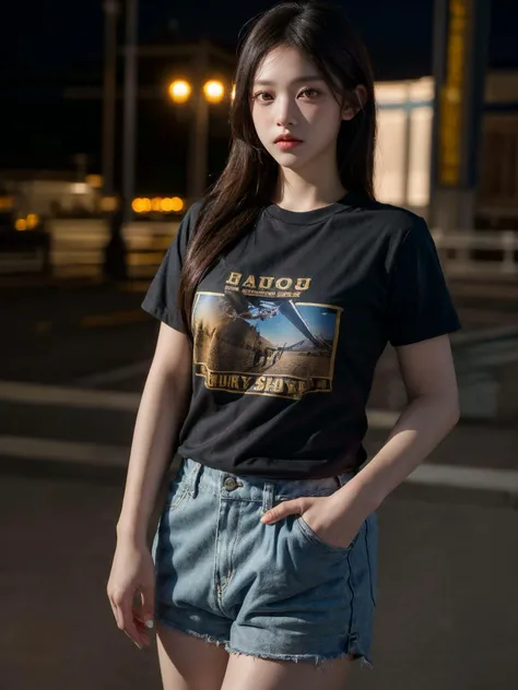 <lora:Haerin:1> Haerin, 1girl, solo, realistic, (cowboy shot:1.2), shorts, t-shirt, jewelry,  <lora:more_details:0.3>, (high quality:1.4), (photorealistic:1.6), 8k, uhd, highres, absurdres, professional photo, highly detailed, detailed skin, masterpiece, (hyperrealism)