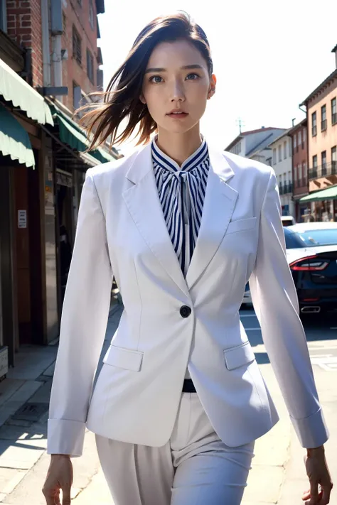 masterpiece,best quality,photorealistic,8K,RAW photo,ultra highres,extremely detailed eyes and face,extremely detailed,absurdres,Professional,high contrast,1girl,slender,skinny,formal suit,looking at viewer,sunlight,outdoors,city,fashion lady,actress,walking,<lora:okamototao-02:0.8>,okamototao,