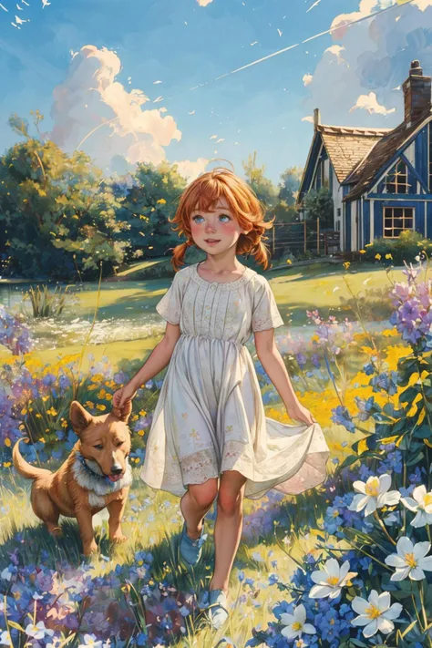 style of E.H. Shepard Style, UHD, HDR, masterpiece, global illumination, summer time, in an open field, a young girl playing with her dog, outside, blue sky, white fluffy clouds, grass, superbloom, flowers, adorable, cute, ginger hair, freckles, blue/green eyes,
<lora:add_detail:0.7>
<lora:EnhancedDetail:0.7>
<lora:tbh131-:0.8>