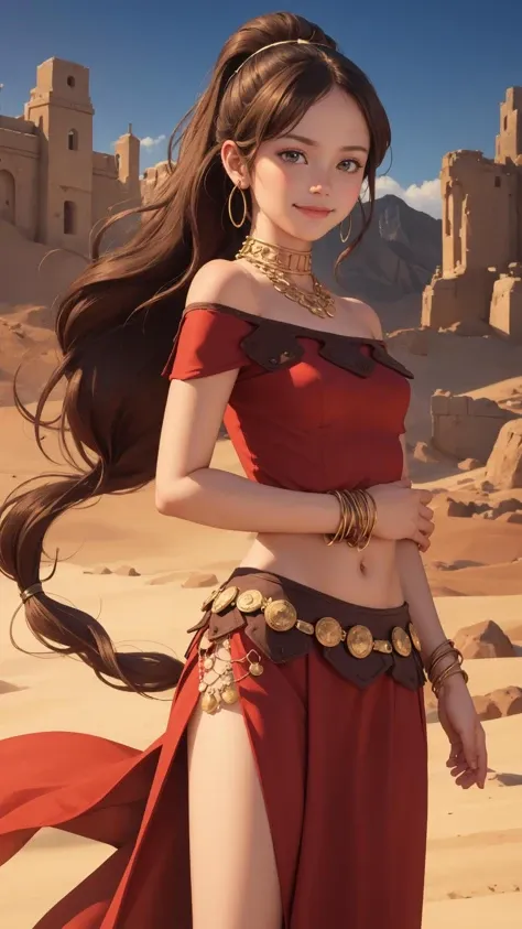 masterpiece, best quality, 1girl, solo, desert, smile, dagger, primrose, jewelry, revealing clothes, ponytail <lora:octopath_primrose:0.9>