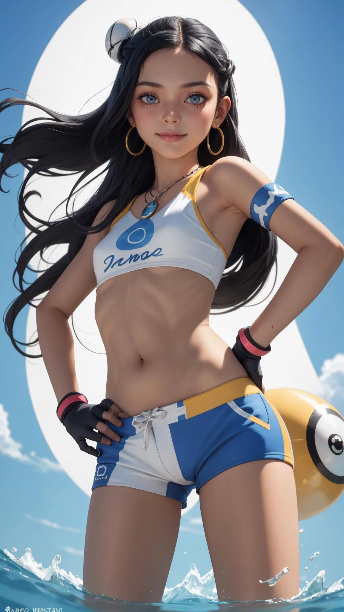 nessa, shorts, bikini, necklace, crop top, single glove, jewelry, hand on hip, gloves, midriff, looking at viewer, eyeshadow, navel, belly chain, very long hair, armlet, hoop earrings, floating hair, single hair bun, poke ball, swimsuit, poke ball (basic), makeup, 1girl, partially fingerless gloves, solo, earrings, closed mouth, smile<lora:nessa_pokemon:1>