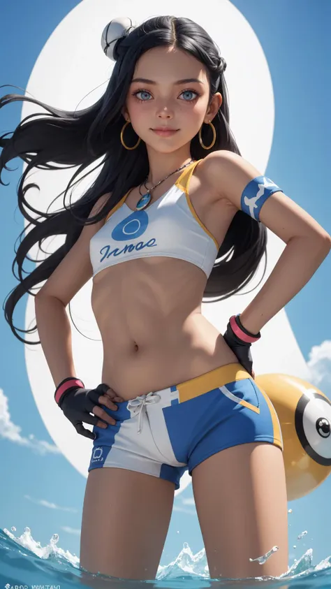 nessa, shorts, bikini, necklace, crop top, single glove, jewelry, hand on hip, gloves, midriff, looking at viewer, eyeshadow, navel, belly chain, very long hair, armlet, hoop earrings, floating hair, single hair bun, poke ball, swimsuit, poke ball (basic), makeup, 1girl, partially fingerless gloves, solo, earrings, closed mouth, smile<lora:nessa_pokemon:1>