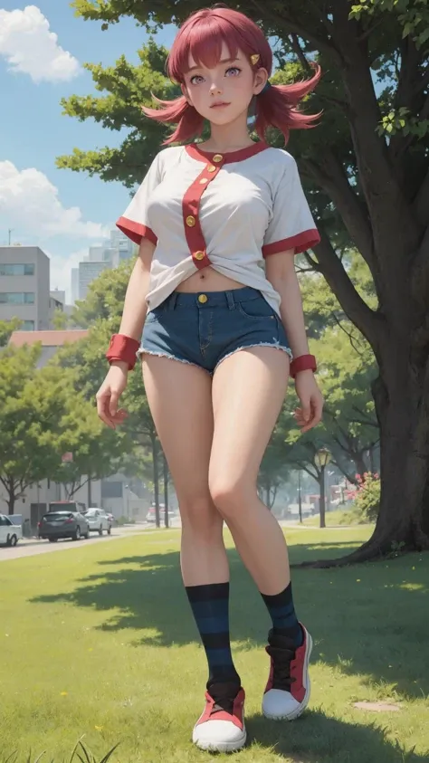 masterpiece, best quality, <lora:whitney-nvwls-v1:0.9> defwhitney, pink eyes, hair ornament, white shirt, short sleeves, blue shorts, wristband, large breasts, smug, looking at viewer, hand to hip, hand up, striped socks, sneakers, cityscape, trees, grass, happy