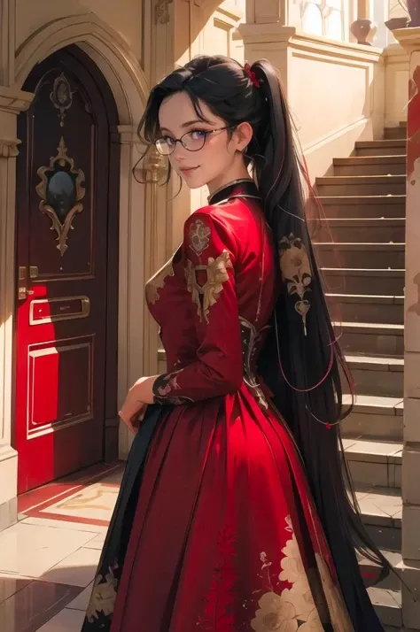 ultra detailed, masterpiece, best quality, detailed backgound,
throne room, throne, red banners, stairs, going_up_stairs, looking back, crown removed, 
 solo, smug smile, 1girl, purple eyes, red-framed eyewear, (black hair, red colored tips:1.2), red streaked hair, very long hair, side ponytail, tied hair, medium breasts,  <lora:wrenchelegadome:1> wrenchelegadome, red dress,