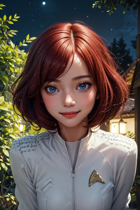 vibrant colors, girl, masterpiece, sharp focus, best quality, depth of field, cinematic lighting, bobcut, red hair, blue eyes, white snwnrs uniform, forest,moon, bright smile, night sky,<lora:more_details:0.5> <lora:snwnrsV8-000024:0.8>