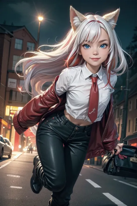 vibrant colors,high camera angle, extreme pose, cute pose, night, girl, masterpiece, sharp focus, best quality, depth of field, cinematic lighting, fox girl, fox ears, red and white hair, multicolored hair, leather tie, loose pants, heavy leather boots, neon green bag, cheerful, slight smile, sky blue eyes, cobble stone street, European street, 