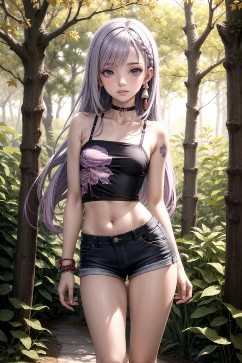 masterpiece, best quality, highly detailed, 1girl, small breasts, petite, long hair, light purple hair, ((gradient hair)), grey eyes, flower tattoo, (irezumi: 1.4), leg tattoo, arm tattoo, white camisole, crop top, flower print, micro shorts, choker, barefoot, anklet, autumn, tree, forest, falling leaves, dusk, scenery, contrapposto, <lora:more_details:0.5>,