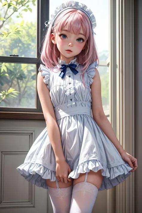 (masterpiece, best quality), 1girl, blue and white frill dress, (white stockings), pink hair, cute face, standing, indoor, intricate detail, sunlight, <lora:add_detail:1>