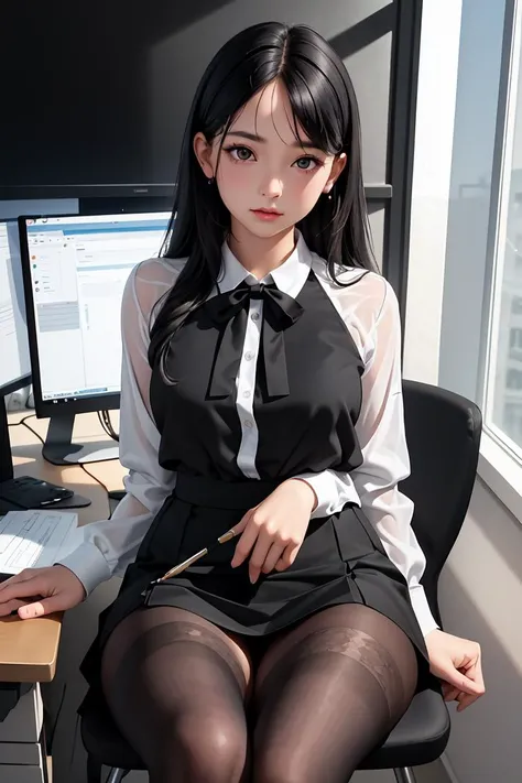 (masterpiece, best quality), a young black haired girl office secretary dressed in a transparent white blouse and black office skirt and black pantyhose ,sitting in an office chair, holding pencil, (detailed skin:1.3),(detailed eyes), (sharp focus),