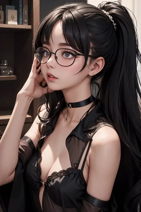 (masterpiece, best quality), 1girl, messy hair, choker, black silk pajamas, see-through, glasses,