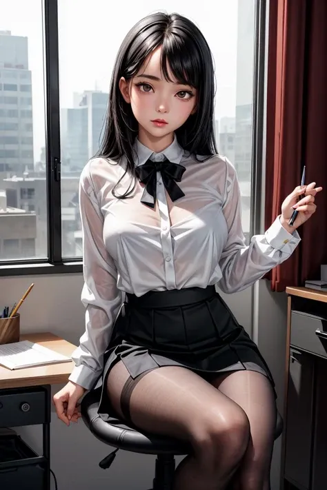 (masterpiece, best quality), a young black haired girl office secretary dressed in a transparent white blouse and black office skirt and black pantyhose ,sitting in an office chair, holding pencil, (detailed skin:1.3),(detailed eyes), (sharp focus), <lora:add_detail:1>