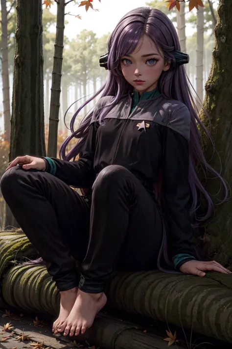 (ds9st science:1.3),black sleeves,<lora:Ds9Divi:0.8>
masterpiece, best quality, highly detailed, 1girl, small breasts, petite, long hair, light purple hair, ((gradient hair)), grey eyes,, barefoot, anklet, autumn, tree, forest, falling leaves, dusk, scenery, contrapposto, <lora:more_details:0.5>,