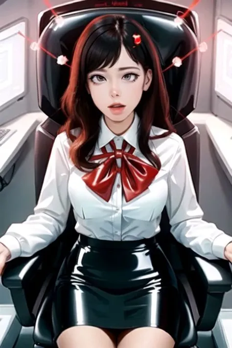 professional detailed photo of (latex office woman) being (brainwashed by mind control chair), (latex white office blouse and pencil skirt:1), (office high heels:1), Mind Control Empty Eyes, Brainwashed facial expression, mouth hanging open, tilted head, (Brainwashing), (Mind Control), (Mind control chair),