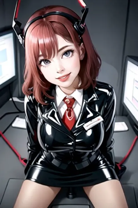 professional detailed photo of (latex office woman) being (brainwashed by mind control headgear), (latex white office blouse and pencil skirt:1), (office high heels:1), Mind Control Glowing Empty Eyes, crazy smile, head tilted sideways, (Brainwashing), (Mind Control), (Mind control headgear),