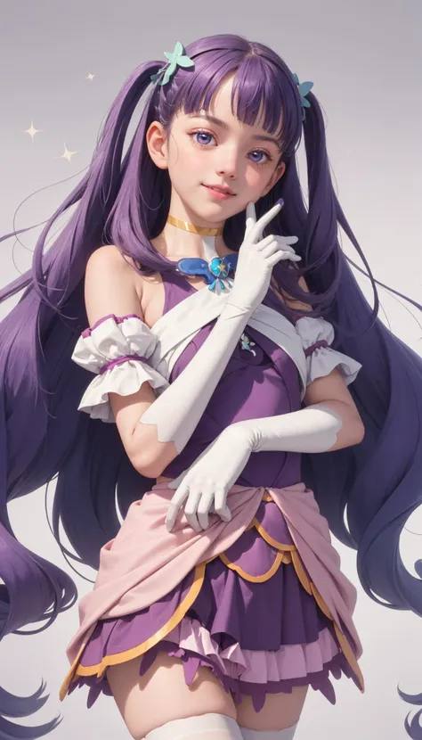 masterpiece, best quality, looking at viewer, depth of field, standing, 1girl, <lora:locon_cure_majesty_01:0.9>, cure majesty, purple hair, two side up, hair ornament, elbow gloves, frilled thighhighs, smile, ((gradient background)), lens flare,