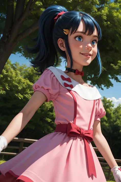 ((Tying the white laces of her Pink White mixed with black colored snickers)) I a girl ((cute face))) ((smiling)) ((full body)) with yellow eyes, dark-blue hair with pink satin ribbon tied to part of her hair pulled up into one ponytail. wearing black leggings, Burgundy Skirt with black buttons on the side and white lace hem attached to the skirt ND matching crop shirt with short sleeves. A birthmark in the shape of. heart Is on her neck. ((AnimeVision)) ((Zerochan,)) Hyperrealism,((Best Image))
