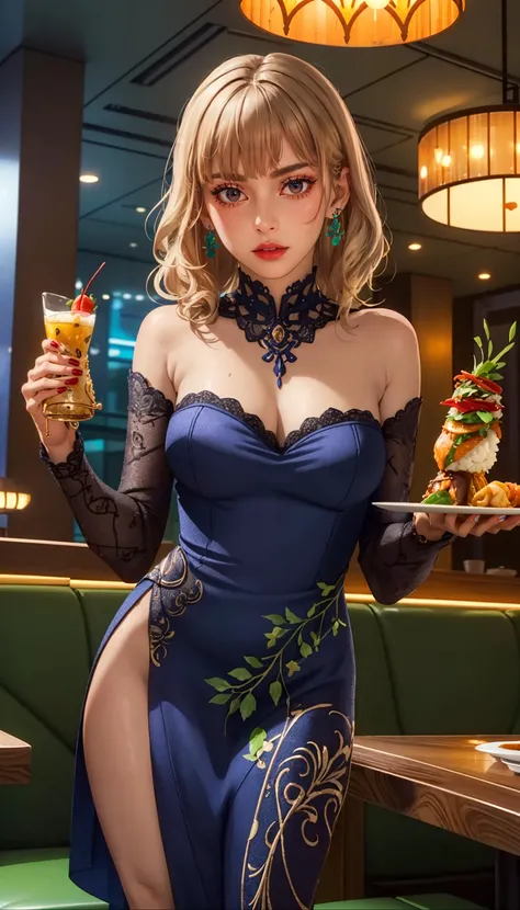 there is a woman sitting on a chair with a tray of food, inspired by Leng Mei, cosplay, anime cosplay, cosplay photo, 2 b, 2b, full body xianxia, mayuri shiina, anime girl cosplay, rin, ayaka cosplay, glamourous cosplay, tifa, cosplayer, captured on canon eos r 6, sha xi, yamanaka ino, long blonde hair, bangs,