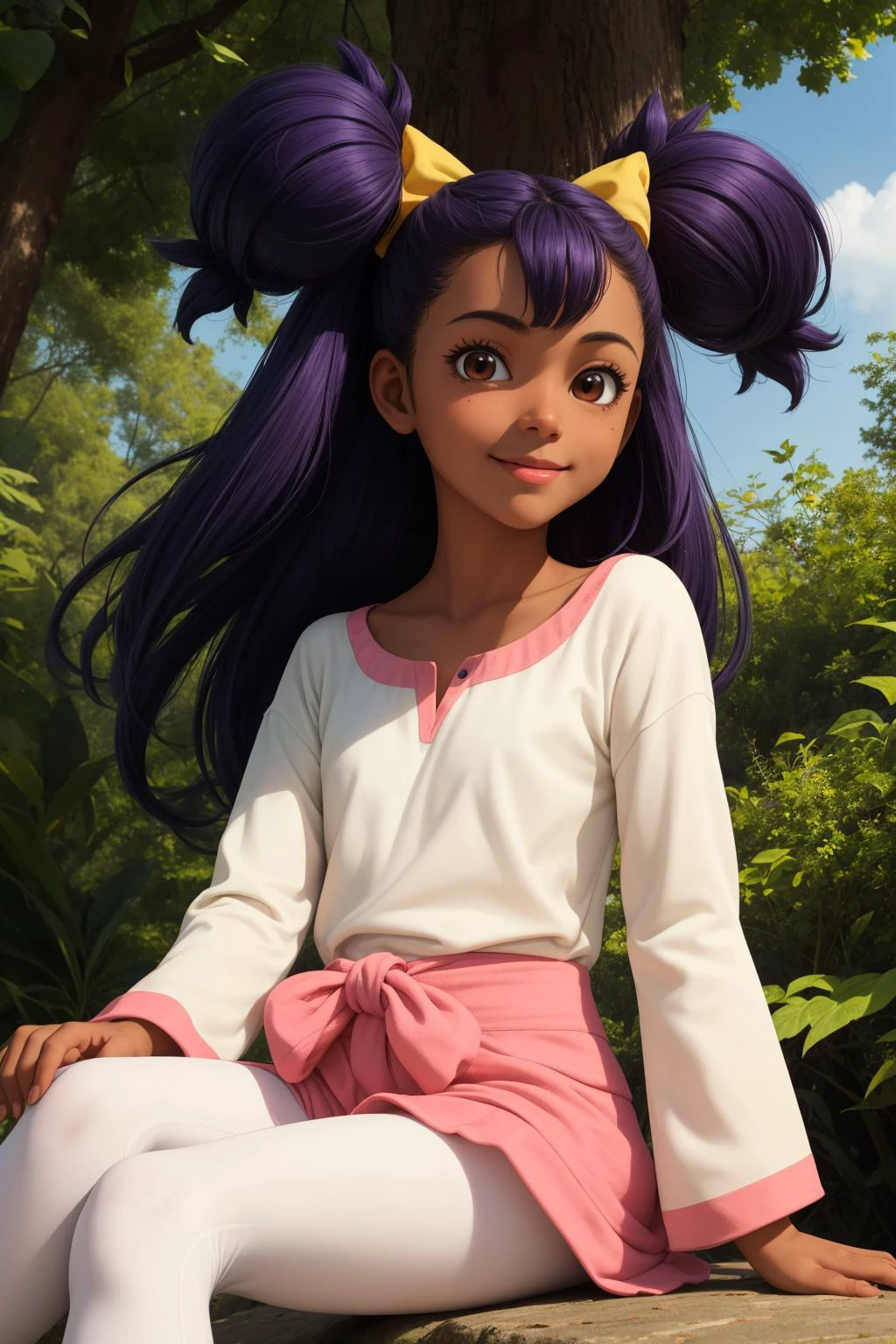 pkmniris, 1girl, solo, brown eyes, purple hair, very long hair, big hair, low-tied long hair, bangs, two side up, hair tie, dark skin, dark-skinned female,
yellow shirt, long sleeves, wide sleeves, white pants, leggings, capri pants, pink skirt, pink bow, waist bow,
smile,closed mouth,cowboy shot,sitting,
forest,outdoor,
(insanely detailed, beautiful detailed face, masterpiece, best quality) cinematic lighting,<lora:PKMN_Iris_v1:1>, <lora:more_details:0.3>,