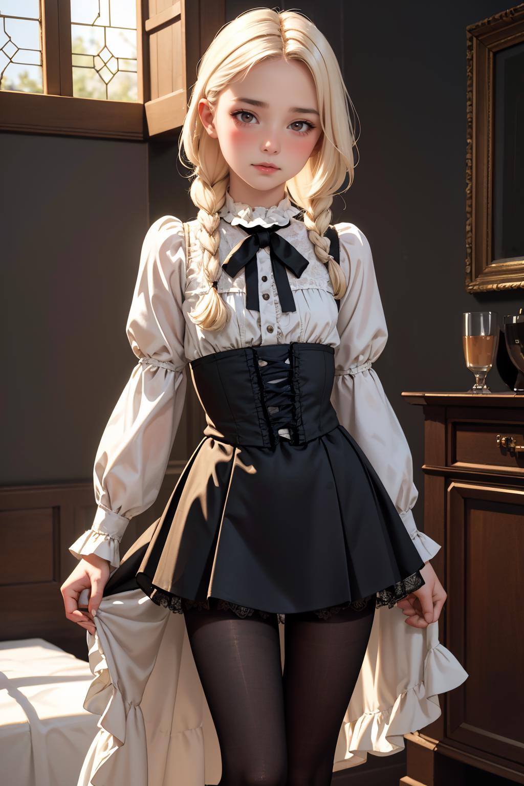 A close up of a woman in a dress and stockings posing - SeaArt AI