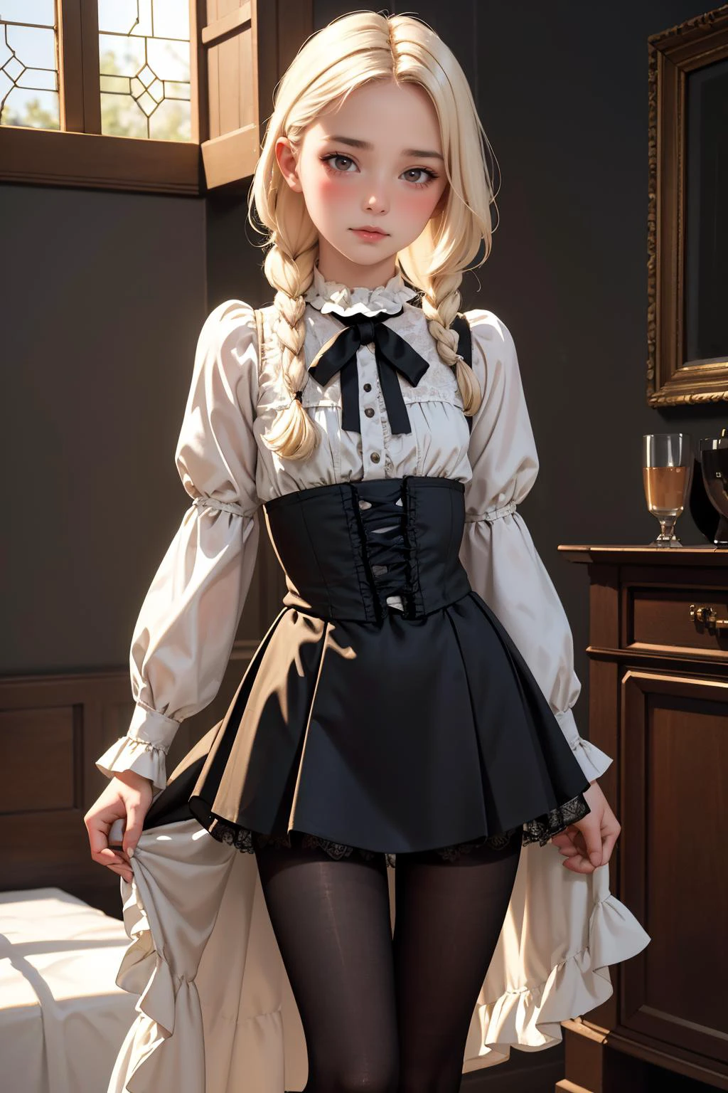 ( detailed realistic background:1),
( official art, beautiful and aesthetic:1 ),
realistic lighting,
cinematic lighting,
hyperrealism,
soothing tones,
muted colors,
high contrast,
soft light,
sharp,
artistic photoshoot,
( cute, petite ),
slender,
european,
pale cheeks,
square face shape with angular jaw,
natural "no-makeup" makeup,
small breasts,
,
platinum blonde hair ,
knotless braid hairstyle ,
wearing Ruffled Victorian-inspired blouse with a high collar and lace insets , Ball Gown Skirt , body-shaping pantyhose and t-strap heels ,