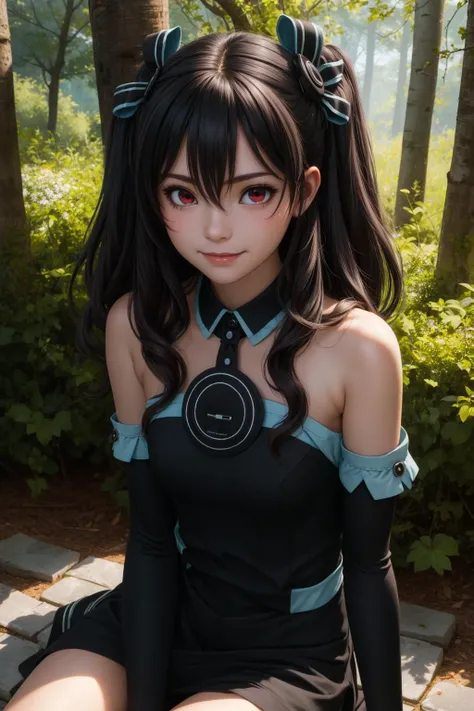 uni, 1girl, solo, red eyes, black hair, long hair, two side up, hair between eyes, hair ribbon,
black dress, sleeveless dress, ribbon, bare shoulders, black gloves, elbow gloves, fingerless gloves,
smile,closed mouth,cowboy shot, upper body, sitting,
forest,outdoor,
(insanely detailed, beautiful detailed face, masterpiece, best quality) cinematic lighting,<lora:Uni_v1:1>, <lora:more_details:0.3>,