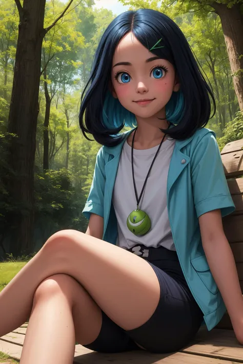 pkmnliko, 1girl, solo, blue eyes, blue hair, medium hair, bangs, hairclip,
white shirt, green jacket, open jacket, short sleeves, blue shorts, bike shorts,
smile,closed mouth,cowboy shot,sitting,
forest,outdoor,
(insanely detailed, beautiful detailed face, masterpiece, best quality) cinematic lighting,<lora:PKMN_Liko_v1:1>, <lora:more_details:0.3>,