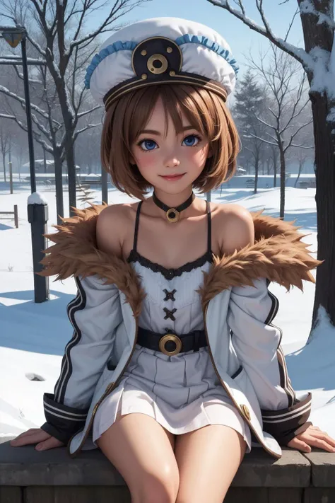 blanc, 1girl, solo, blue eyes, brown hair, hair between eyes, short hair,
white dress, short dress, spaghetti strap, white coat, fur-trimmed coat, very long sleeves, wide sleeves, frilled hat, white headwear,
smile,closed mouth, cowboy shot,upper body,sitting
forest,outdoor,snow,
(insanely detailed, beautiful detailed face, masterpiece, best quality) cinematic lighting,<lora:Blanc_v1:1>, <lora:more_details:0.3>,