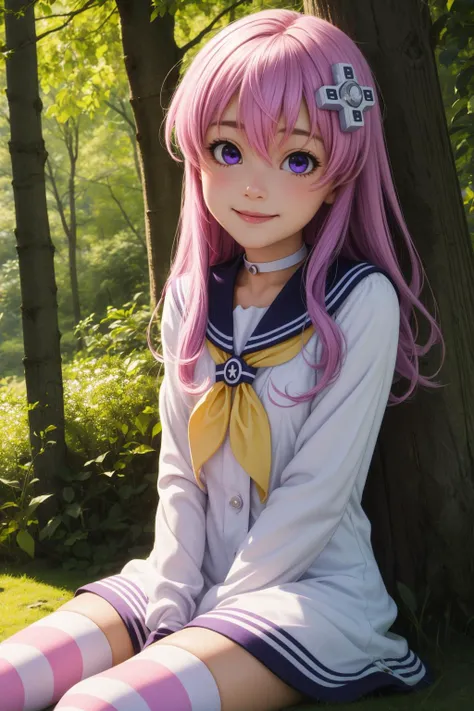 nepgear, 1girl, solo, purple eyes, pink hair, long hair, bangs, hair between eyes, sidelocks, d-pad hair ornament,
sailor dress, sailor collar, striped thighhighs, long sleeves, white choker, white dress, yellow neckerchief,
smile,closed mouth,cowboy shot,sitting,
forest,outdoor,
(insanely detailed, beautiful detailed face, masterpiece, best quality) cinematic lighting,<lora:Nepgear_v1:1>, <lora:more_details:0.3>,