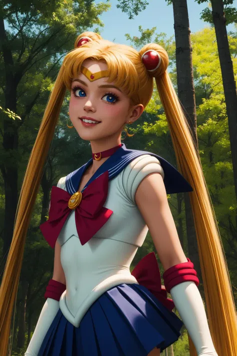 usagitsukino, 1girl, solo, blue eyes, blonde hair, very long hair, twintails, hair bun, double bun, parted bangs, hair ornament,
sailor senshi uniform, white leotard, blue skirt, pleated skirt, miniskirt, red bow, elbow gloves, white gloves, blue sailor collar, red choker, brooch, crescent choker, tiara, jewelry, crescent earrings,
smile,closed mouth,cowboy shot,
forest,outdoor,
(insanely detailed, beautiful detailed face, masterpiece, best quality) cinematic lighting,<lora:Sailor_Moon_v4:1>, <lora:more_details:0.3>,