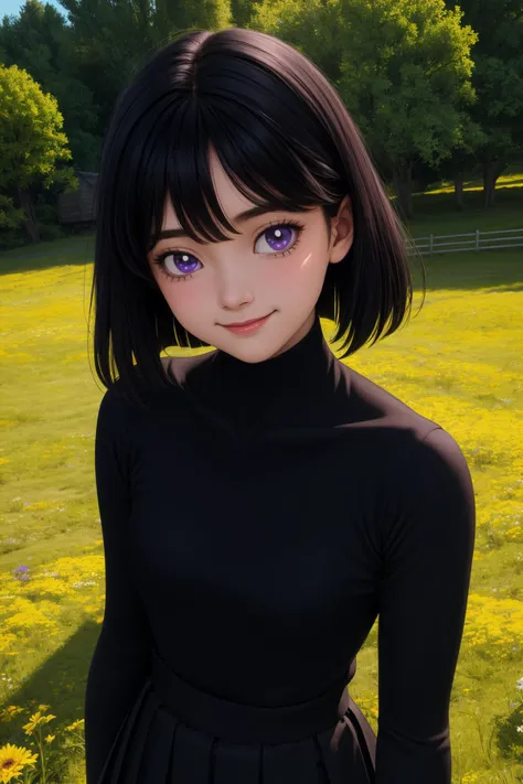 hotarutomoe, 1girl, solo, purple eyes, black hair, short hair, bangs,
black shirt, long sleeves, black pantyhose, black skirt, turtleneck,
cute, smile,closed mouth,cowboy shot,upper body,
meadow,outdoor,
(insanely detailed, beautiful detailed face, masterpiece, best quality) cinematic lighting,<lora:Hotaru_Tomoe_v1:1>, <lora:more_details:0.3>,