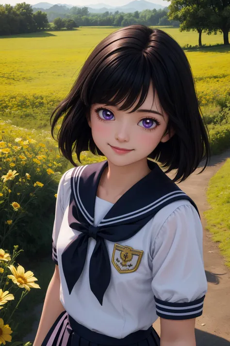 hotarutomoe, 1girl, solo, purple eyes, black hair, short hair, bangs,
school uniform, shirt, sailor collar, pleated skirt, bow,
cute, smile,closed mouth,cowboy shot,upper body,
meadow,outdoor,
(insanely detailed, beautiful detailed face, masterpiece, best quality) cinematic lighting,<lora:Hotaru_Tomoe_v1:1>, <lora:more_details:0.3>,