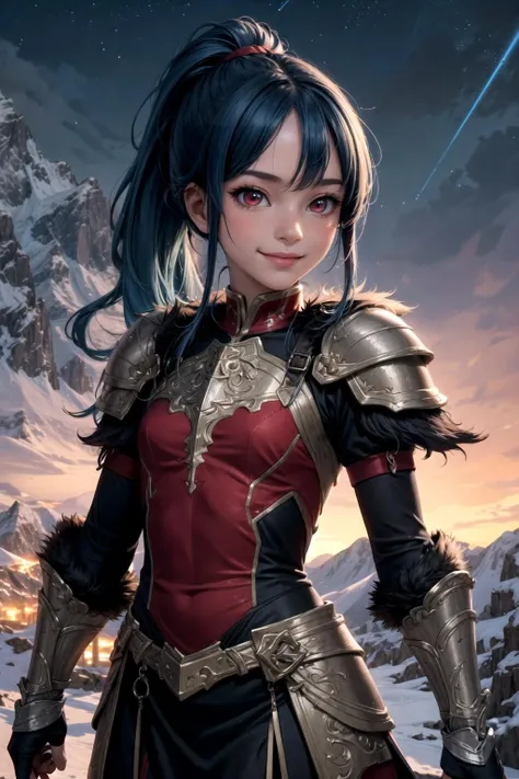 vibrant colors, girl, masterpiece, sharp focus, best quality, depth of field, cinematic lighting, ponytail, blue hair, red eyes, fur armor, mountain, bright smile, night sky,<lora:more_details:0.5>