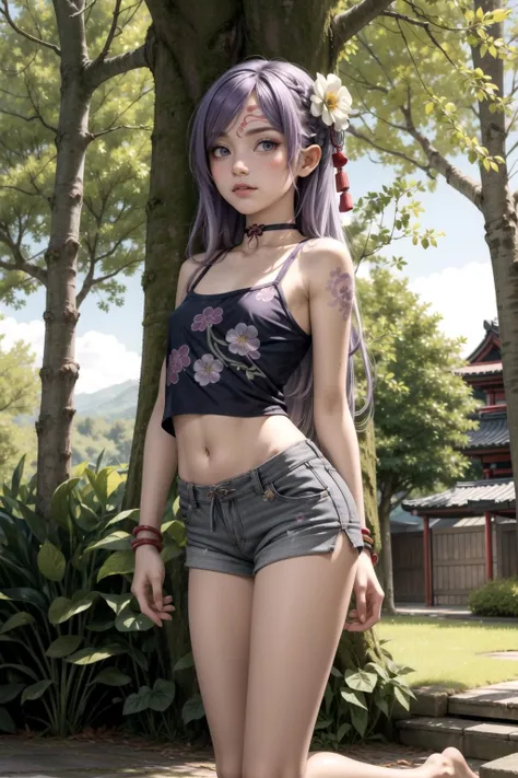 masterpiece, best quality, highly detailed, 1girl, small breasts, petite, long hair, light purple hair, ((gradient hair)), grey eyes, flower tattoo, (irezumi: 1.4), leg tattoo, arm tattoo, white camisole, crop top, flower print, micro shorts, choker, barefoot, anklet, autumn, tree, forest, falling leaves, dusk, scenery, contrapposto, <lora:more_details:0.5>,