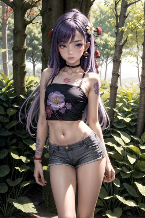 masterpiece, best quality, highly detailed, 1girl, small breasts, petite, long hair, light purple hair, ((gradient hair)), grey eyes, flower tattoo, (irezumi: 1.4), leg tattoo, arm tattoo, white camisole, crop top, flower print, micro shorts, choker, barefoot, anklet, autumn, tree, forest, falling leaves, dusk, scenery, contrapposto, <lora:more_details:0.5>,