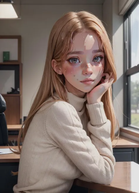 [skip 2] Realistic portrait photo of a beautiful girl, looking at camera, one girl,
realistic, good lighting, professional Photography, Photorealistic, detailed, RAW, analog, sharp focus, 8k, HD, DSLR, high quality, Porta 160 color, Fujifilm XT3, award winning, masterpiece,
((side view of body)), side, leaning against,,
A caucasian woman is posing for an professional office photo, ginger blonde hair, looking at viewer, wearing a grey turtleneck sweater, fully clothed, (at the office),
rebl