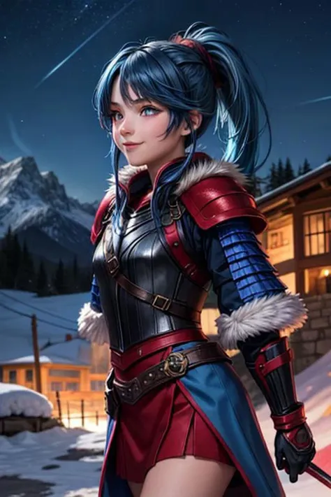vibrant colors, girl, masterpiece, sharp focus, best quality, depth of field, cinematic lighting, ponytail, blue hair, red eyes, fur armor, mountain, bright smile, night sky,