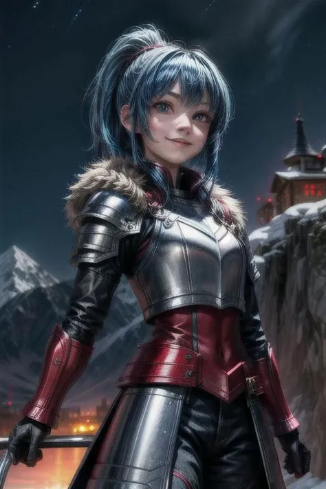 vibrant colors, girl, masterpiece, sharp focus, best quality, depth of field, cinematic lighting, ponytail, blue hair, red eyes, fur armor, mountain, bright smile, night sky,